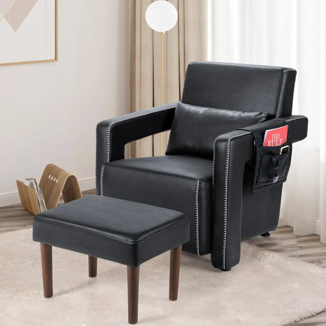 Modern Berber Fleece Single Sofa Chair with Ottoman and Waist Pillow-Black - Black - Accent Chairs