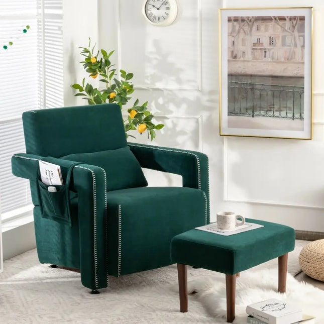 Modern Berber Fleece Single Sofa Chair with Ottoman and Waist Pillow-Green - Green - Accent Chairs