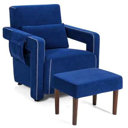 Modern Berber Fleece Single Sofa Chair with Ottoman and Waist Pillow-Blue - Blue - Accent Chairs