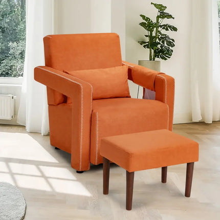 Modern Berber Fleece Single Sofa Chair with Ottoman and Waist Pillow-Orange - Orange - Accent Chairs