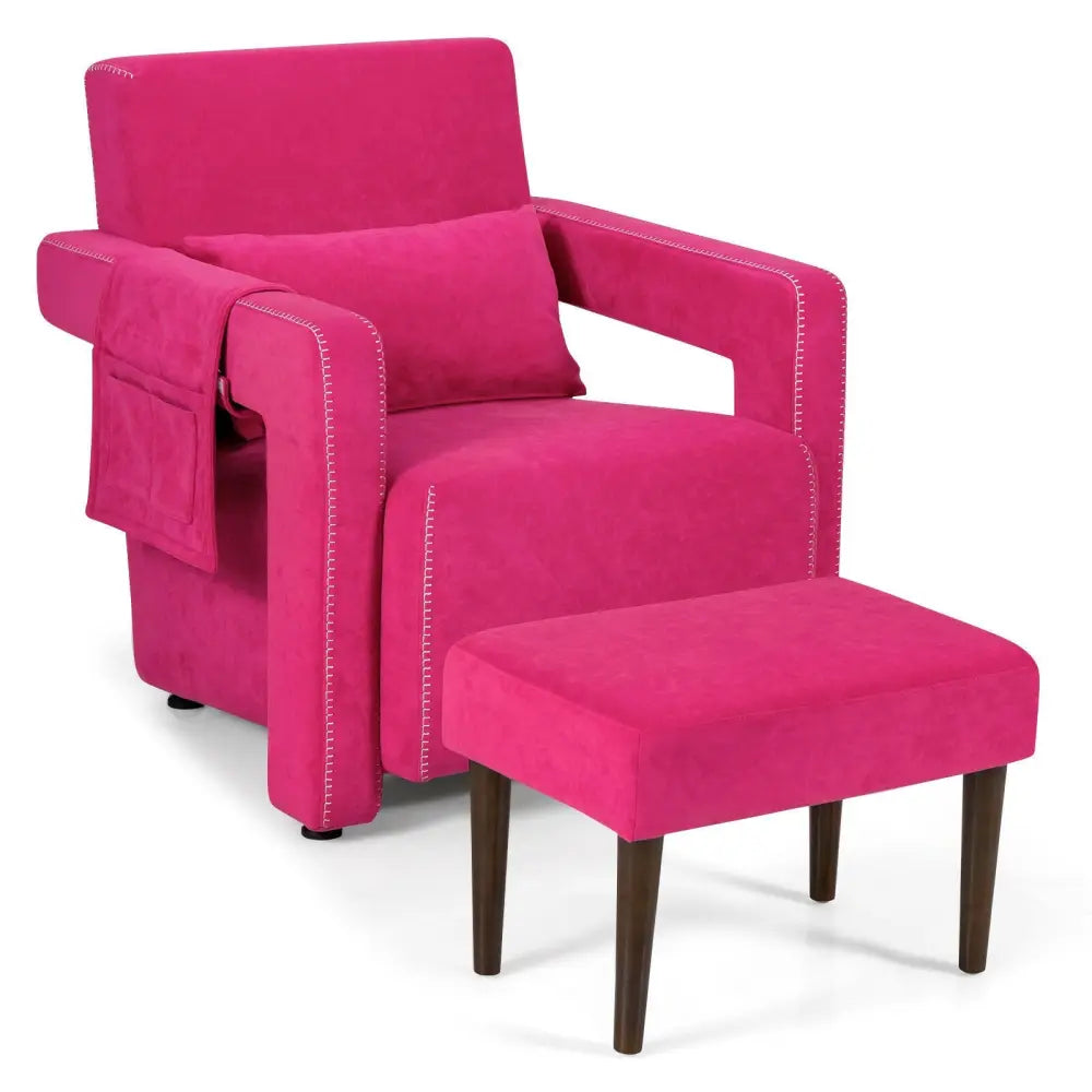 Modern Berber Fleece Single Sofa Chair with Ottoman and Waist Pillow-Red - Red - Accent Chairs