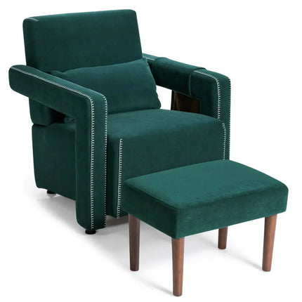 Modern Berber Fleece Single Sofa Chair with Ottoman and Waist Pillow-Green - Green - Accent Chairs