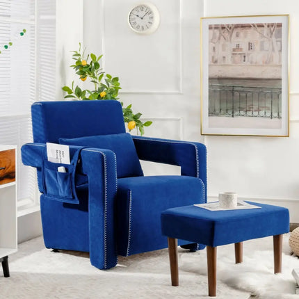 Modern Berber Fleece Single Sofa Chair with Ottoman and Waist Pillow-Blue - Blue - Accent Chairs