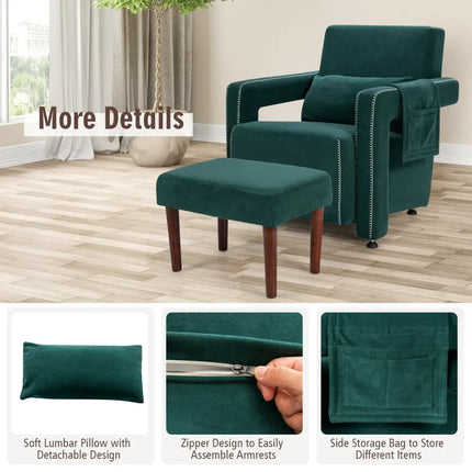 Modern Berber Fleece Single Sofa Chair with Ottoman and Waist Pillow-Green - Green - Accent Chairs