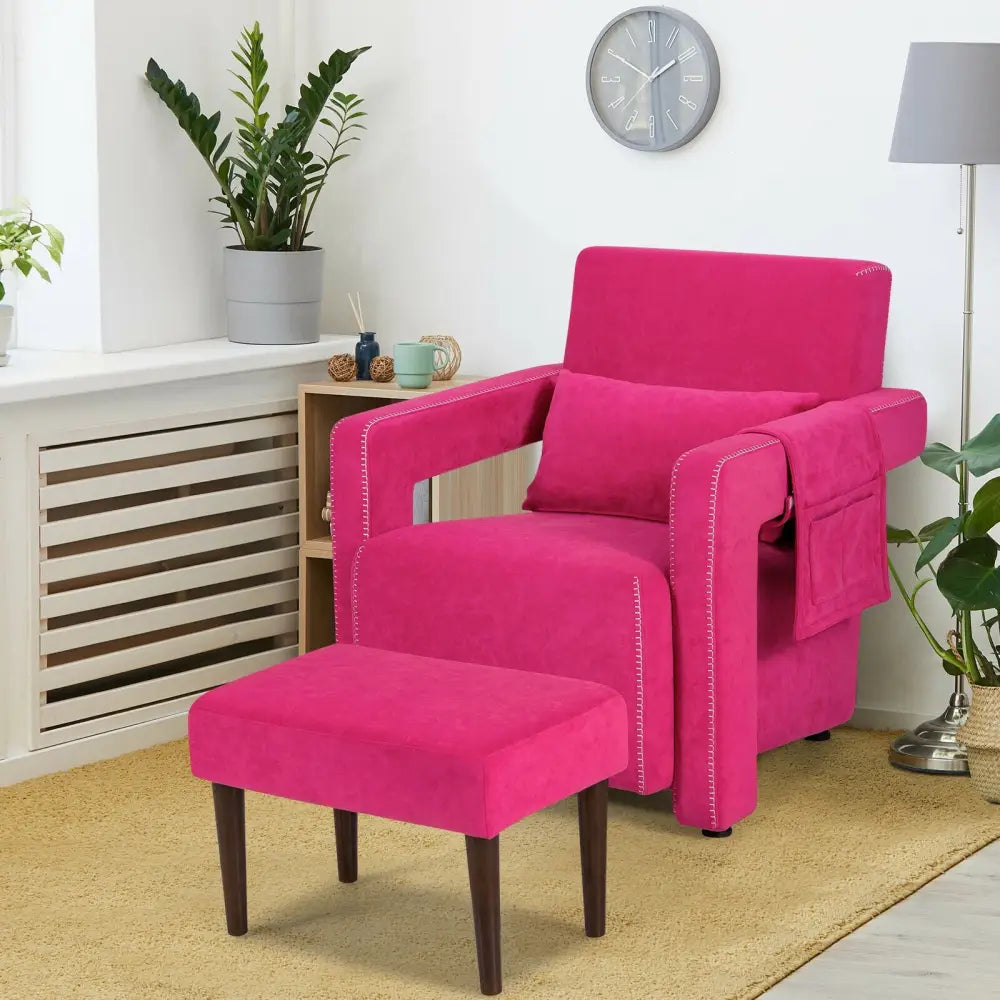 Modern Berber Fleece Single Sofa Chair with Ottoman and Waist Pillow-Red - Red - Accent Chairs