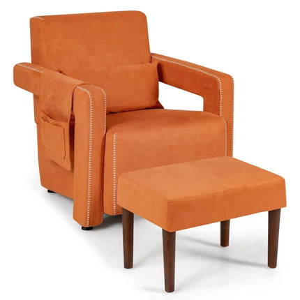 Modern Berber Fleece Single Sofa Chair with Ottoman and Waist Pillow-Orange - Orange - Accent Chairs