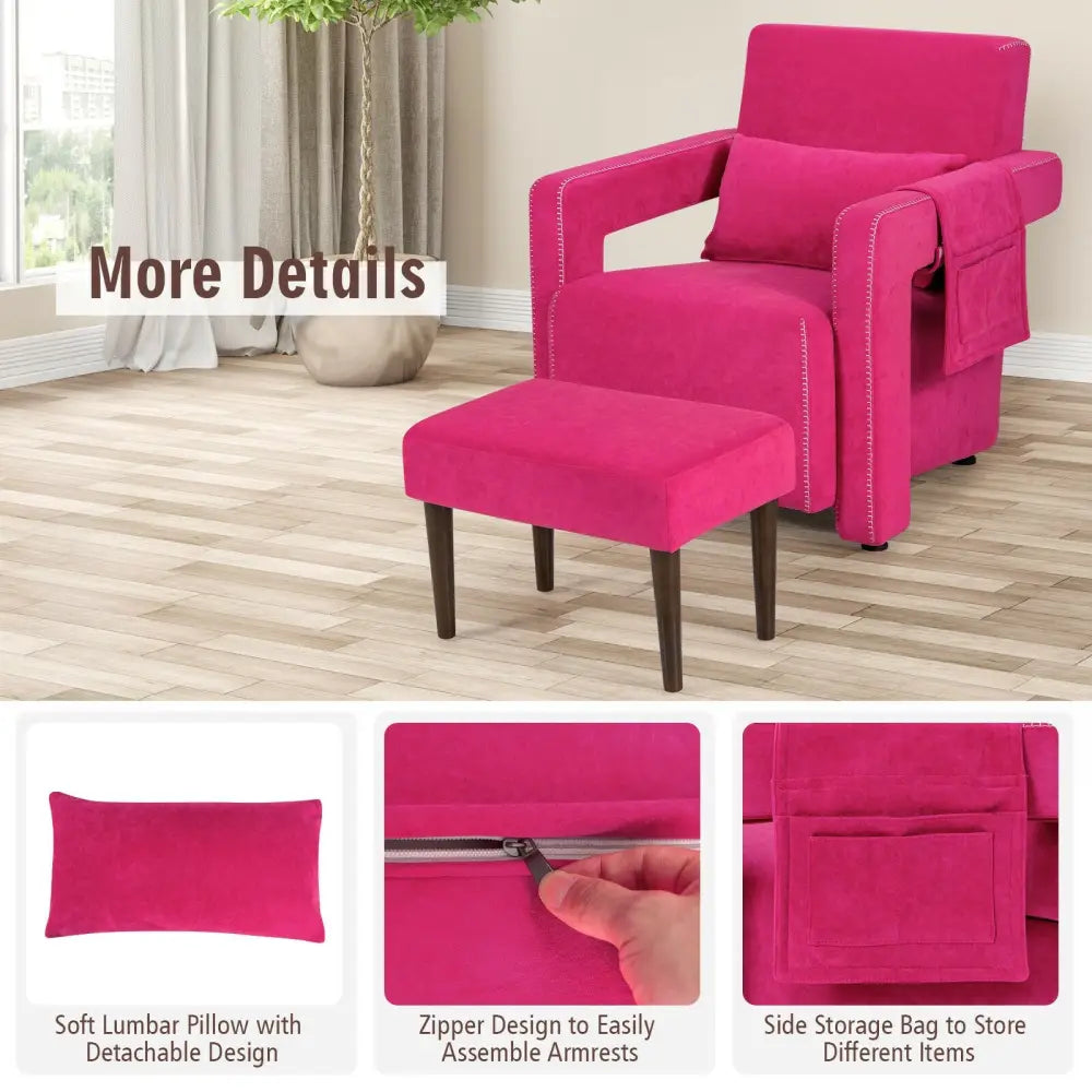 Modern Berber Fleece Single Sofa Chair with Ottoman and Waist Pillow-Red - Red - Accent Chairs