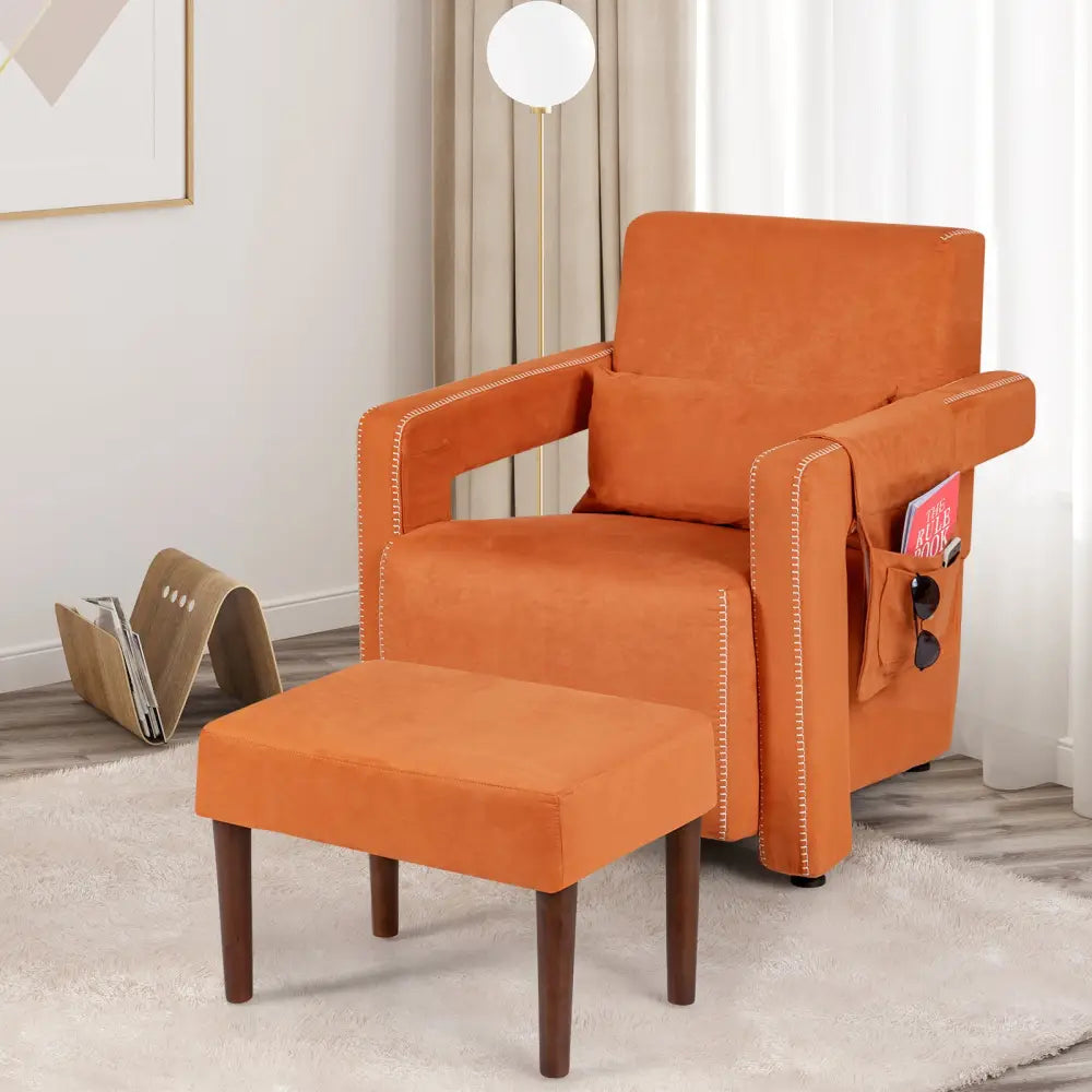 Modern Berber Fleece Single Sofa Chair with Ottoman and Waist Pillow-Orange - Orange - Accent Chairs