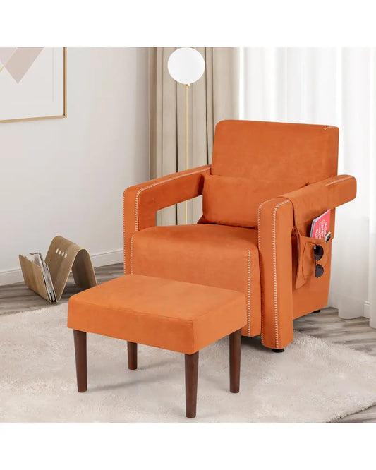 Modern Berber Fleece Single Sofa Chair with Ottoman and Waist Pillow-Orange - Orange - Accent Chairs