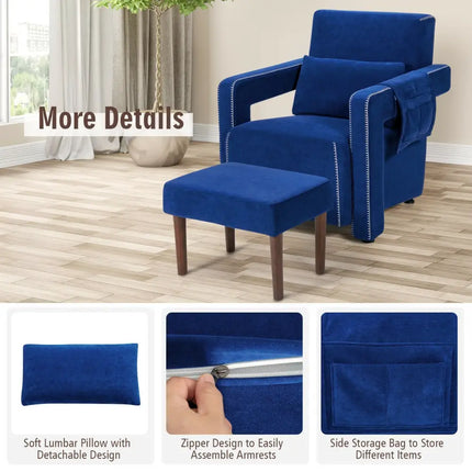 Modern Berber Fleece Single Sofa Chair with Ottoman and Waist Pillow-Blue - Blue - Accent Chairs