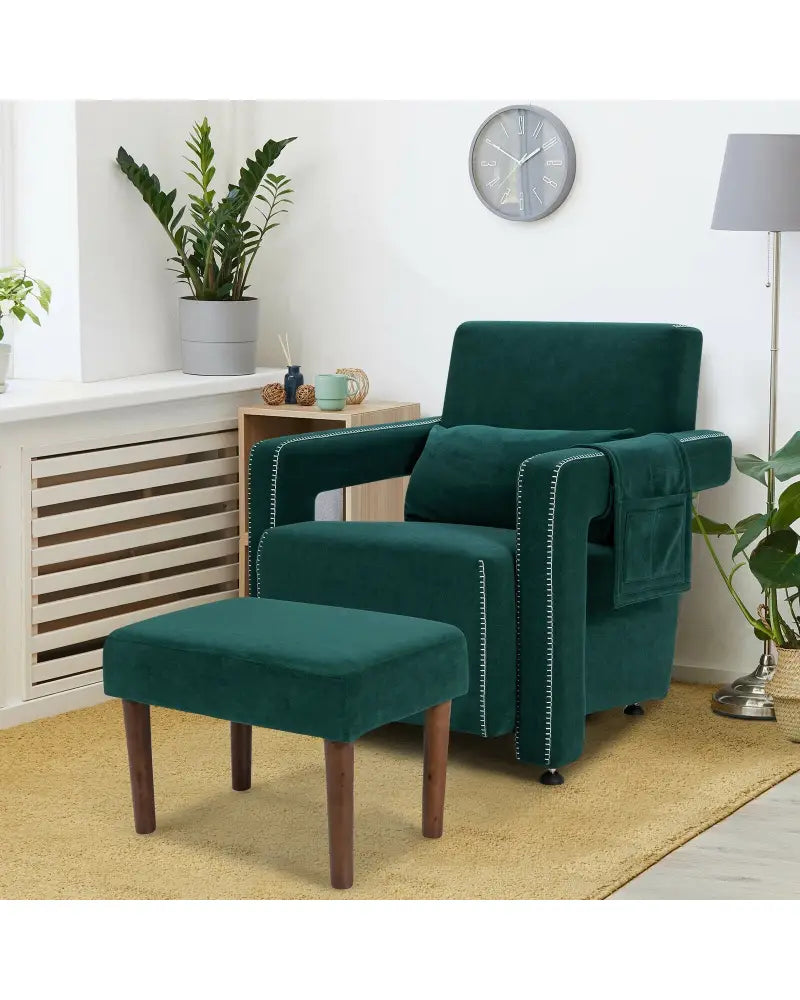 Modern Berber Fleece Single Sofa Chair with Ottoman and Waist Pillow-Green - Green - Accent Chairs