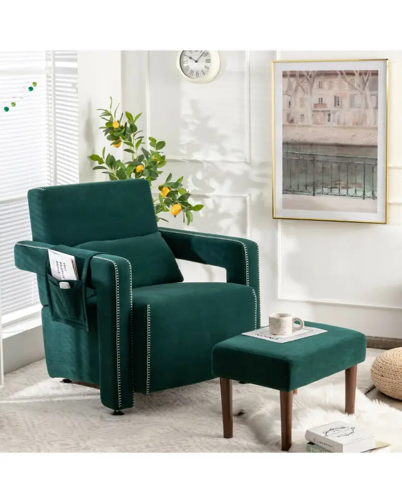 Modern Berber Fleece Single Sofa Chair with Ottoman and Waist Pillow-Green - Green - Accent Chairs