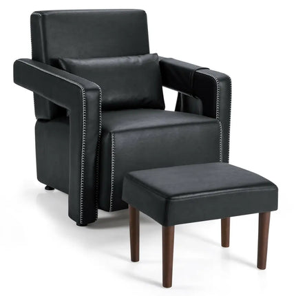 Modern Berber Fleece Single Sofa Chair with Ottoman and Waist Pillow-Black - Black - Accent Chairs