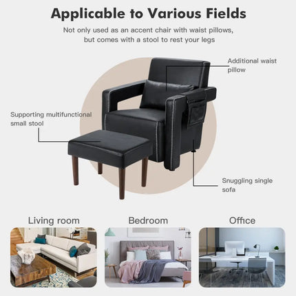 Modern Berber Fleece Single Sofa Chair with Ottoman and Waist Pillow-Black - Black - Accent Chairs