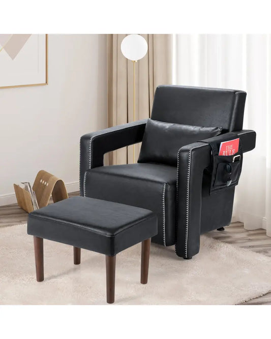 Modern Berber Fleece Single Sofa Chair with Ottoman and Waist Pillow-Black - Black - Accent Chairs