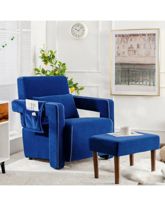 Modern Berber Fleece Single Sofa Chair with Ottoman and Waist Pillow-Blue - Blue - Accent Chairs