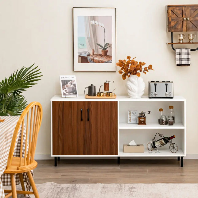 Modern Buffet Sideboard with 2 Doors and Open Compartments-Walnut - Walnut - Sideboards Cabinets & Buffets