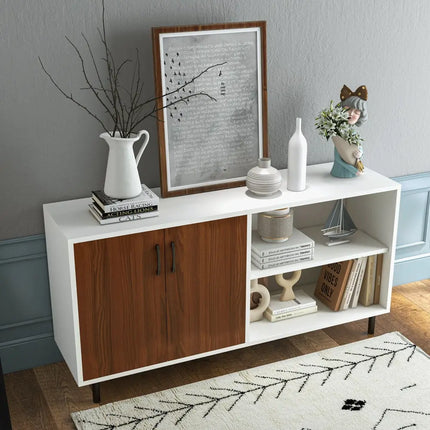 Modern Buffet Sideboard with 2 Doors and Open Compartments-Walnut - Walnut - Sideboards Cabinets & Buffets