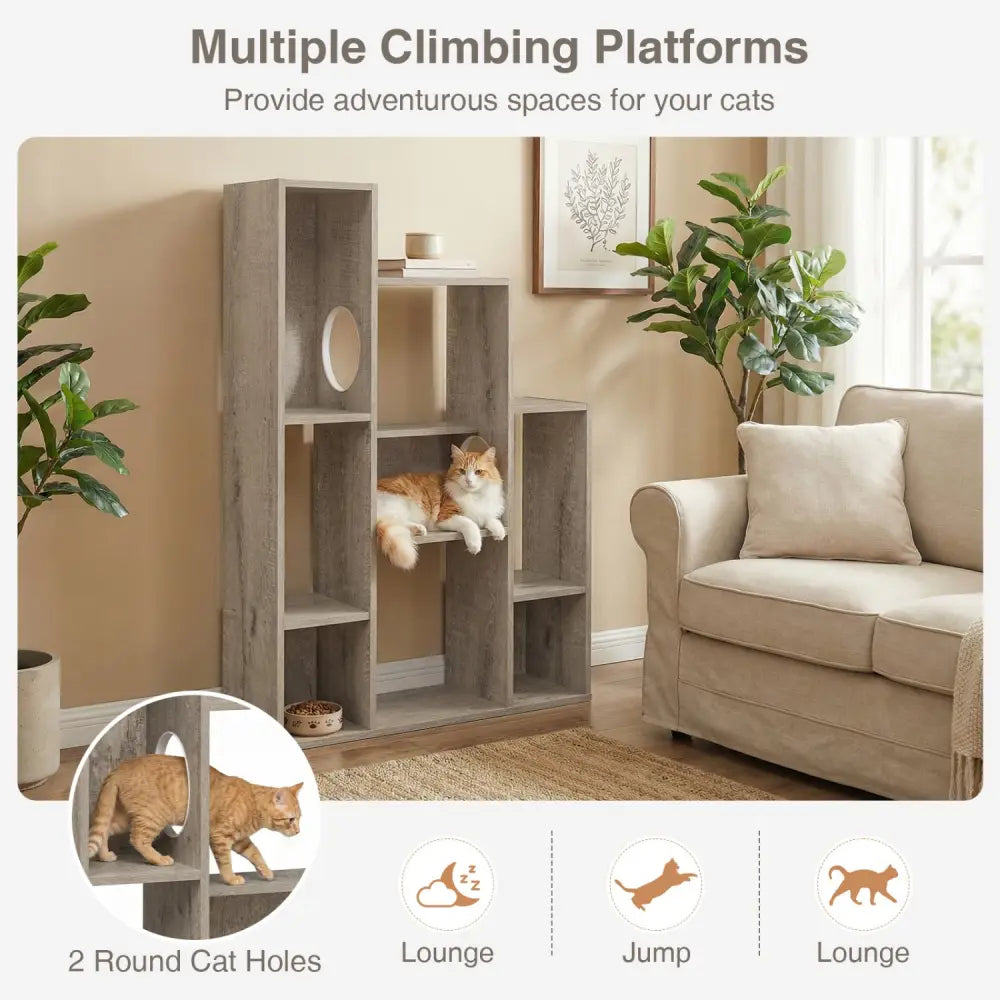 Modern Cat Bookshelf Cat Tree 8-Section Storage Cabinet with 2 Round Holes-Gray Oak - Gray - Cat Trees Condos &