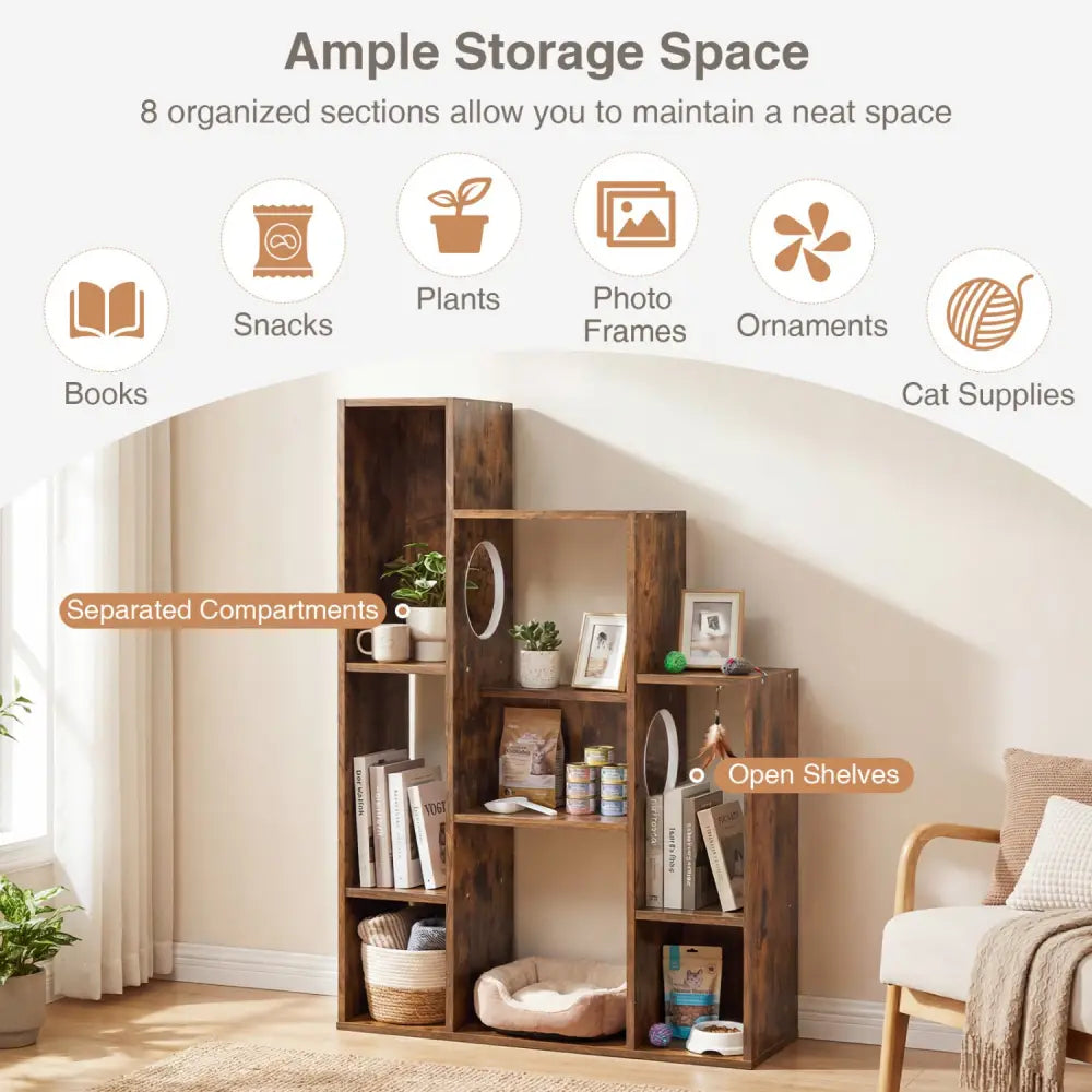 Modern Cat Bookshelf Cat Tree 8-Section Storage Cabinet with 2 Round Holes-Rustic Brown - Rustic Brown - Cat Trees