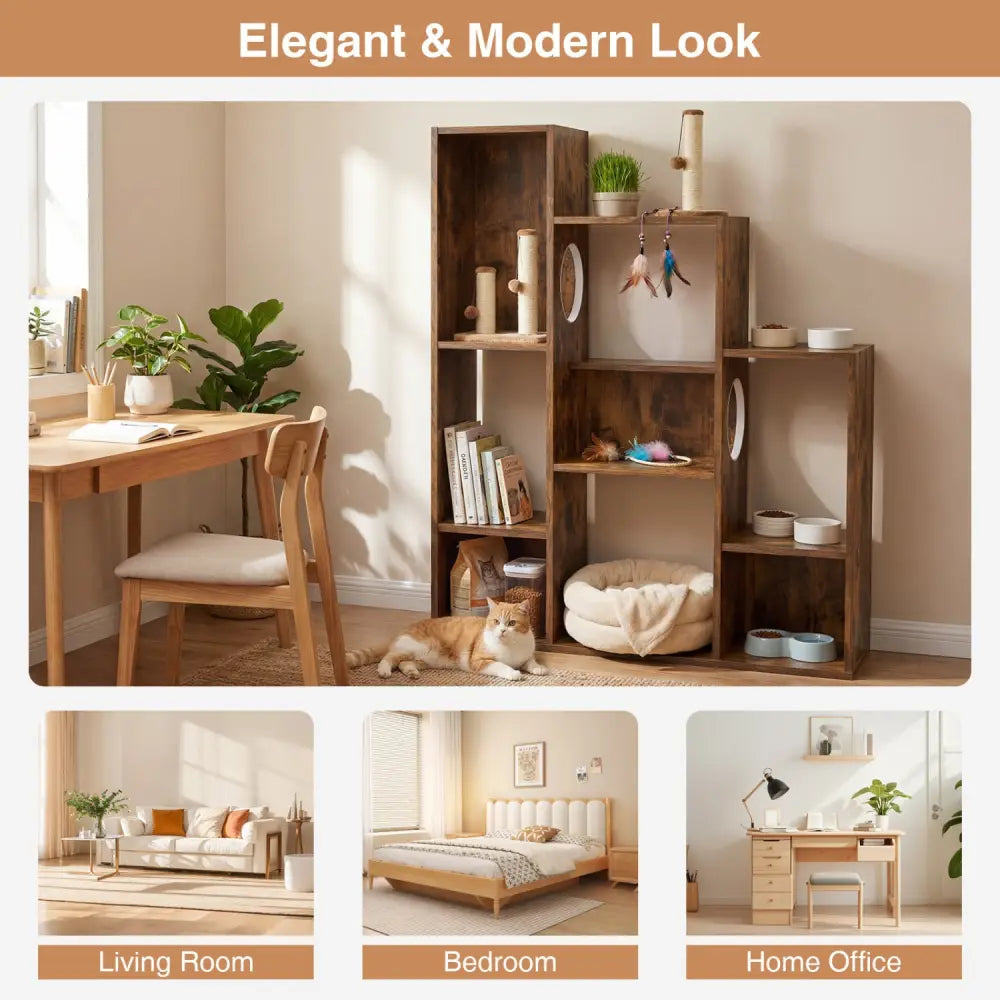 Modern Cat Bookshelf Cat Tree 8-Section Storage Cabinet with 2 Round Holes-Rustic Brown - Rustic Brown - Cat Trees