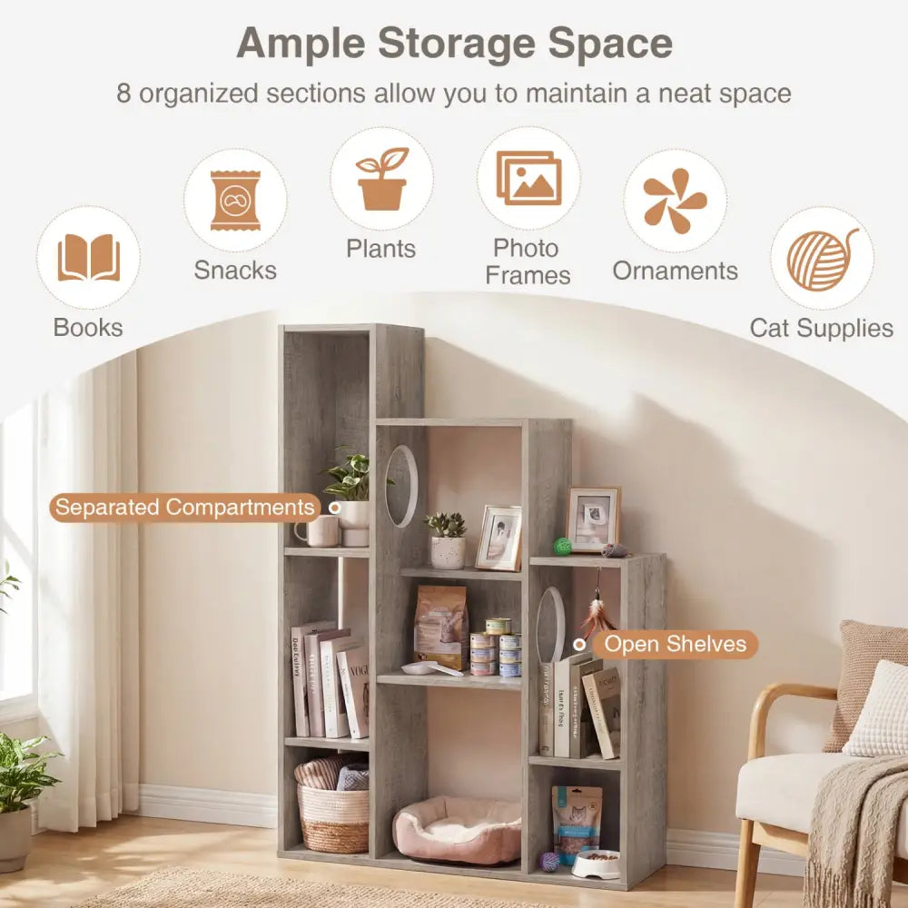 Modern Cat Bookshelf Cat Tree 8-Section Storage Cabinet with 2 Round Holes-Gray Oak - Gray - Cat Trees Condos &
