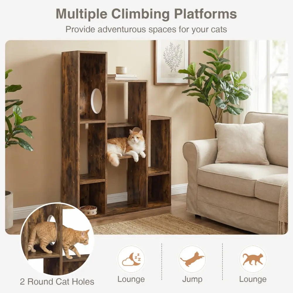 Modern Cat Bookshelf Cat Tree 8-Section Storage Cabinet with 2 Round Holes-Rustic Brown - Rustic Brown - Cat Trees