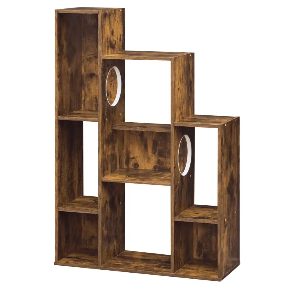 Modern Cat Bookshelf Cat Tree 8-Section Storage Cabinet with 2 Round Holes-Rustic Brown - Rustic Brown - Cat Trees