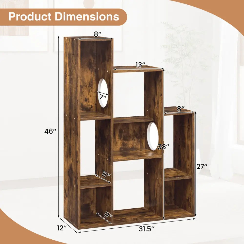Modern Cat Bookshelf Cat Tree 8-Section Storage Cabinet with 2 Round Holes-Rustic Brown - Rustic Brown - Cat Trees