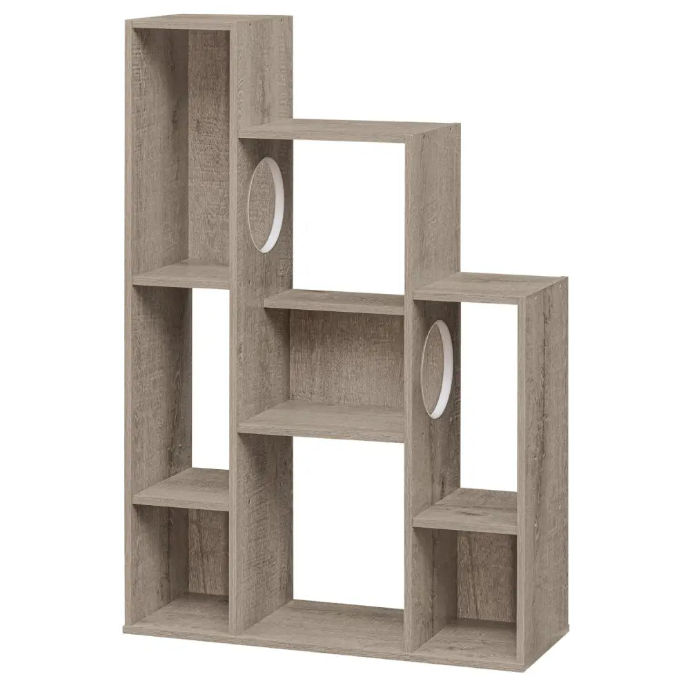 Modern Cat Bookshelf Cat Tree 8-Section Storage Cabinet with 2 Round Holes-Gray Oak - Gray - Cat Trees Condos &