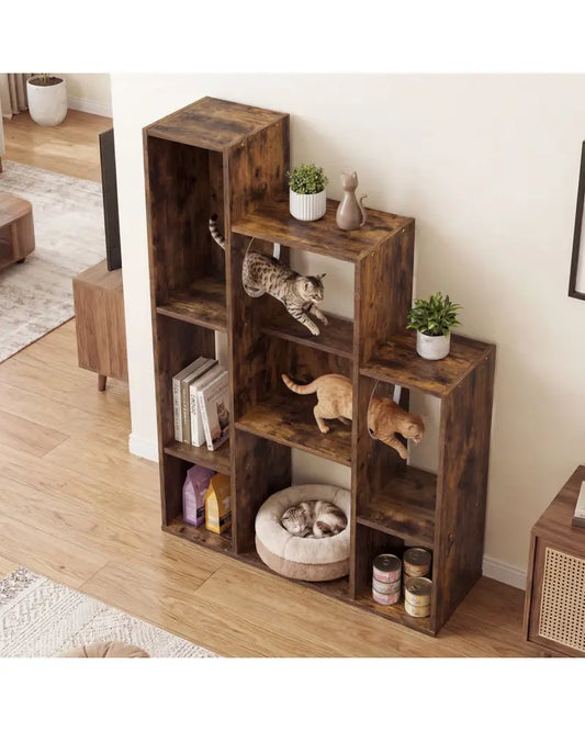 Modern Cat Bookshelf Cat Tree 8-Section Storage Cabinet with 2 Round Holes-Rustic Brown - Rustic Brown - Cat Trees