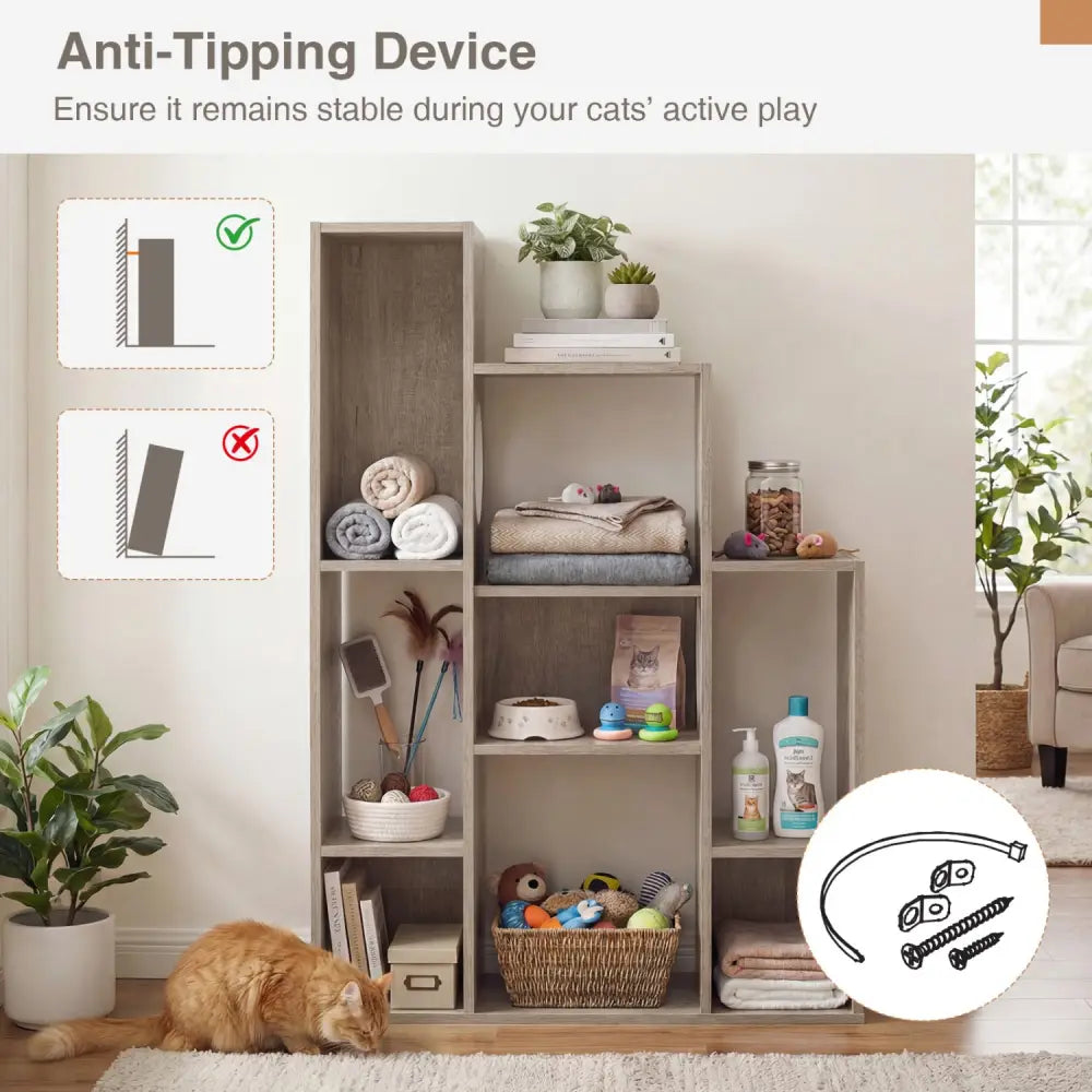 Modern Cat Bookshelf Cat Tree 8-Section Storage Cabinet with 2 Round Holes-Gray Oak - Gray - Cat Trees Condos &