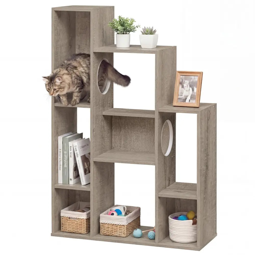 Modern Cat Bookshelf Cat Tree 8-Section Storage Cabinet with 2 Round Holes-Gray Oak - Gray - Cat Trees Condos &