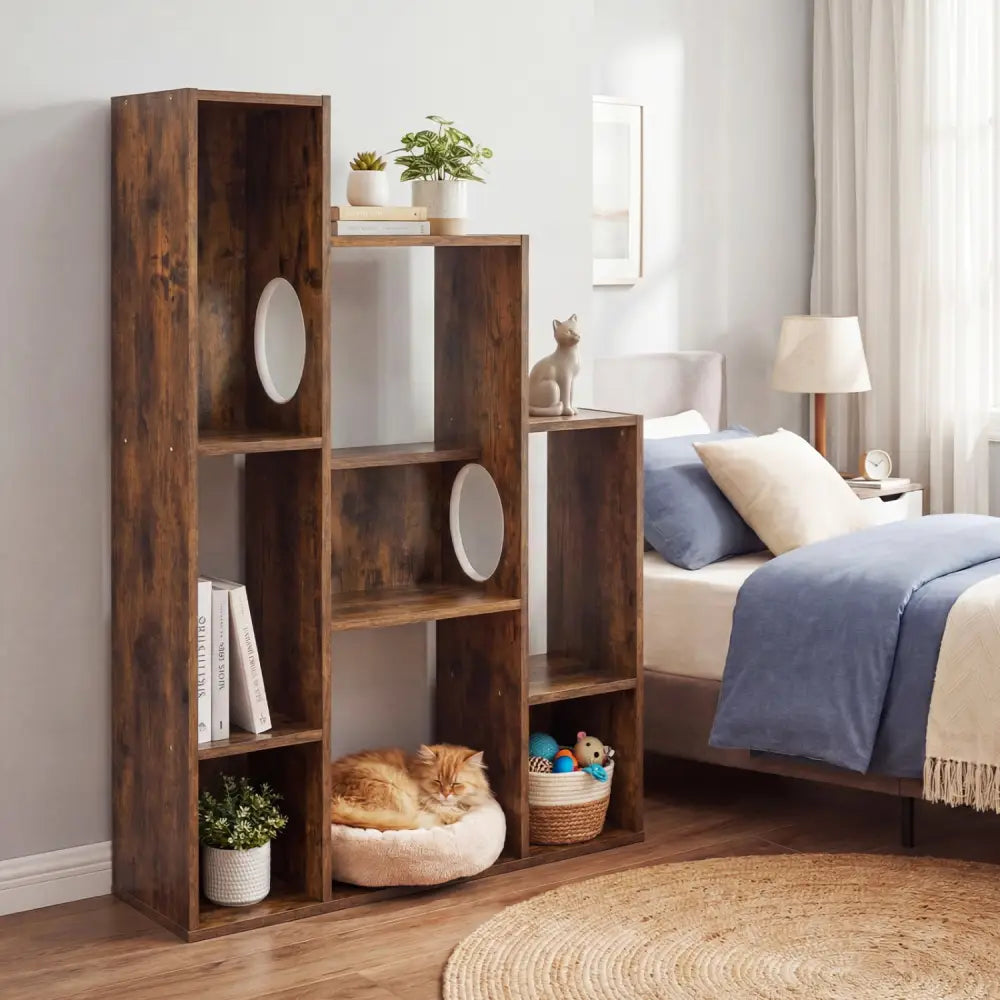 Modern Cat Bookshelf Cat Tree 8-Section Storage Cabinet with 2 Round Holes-Rustic Brown - Rustic Brown - Cat Trees