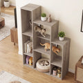 Modern Cat Bookshelf Cat Tree 8-Section Storage Cabinet with 2 Round Holes-Gray Oak - Gray - Cat Trees Condos &