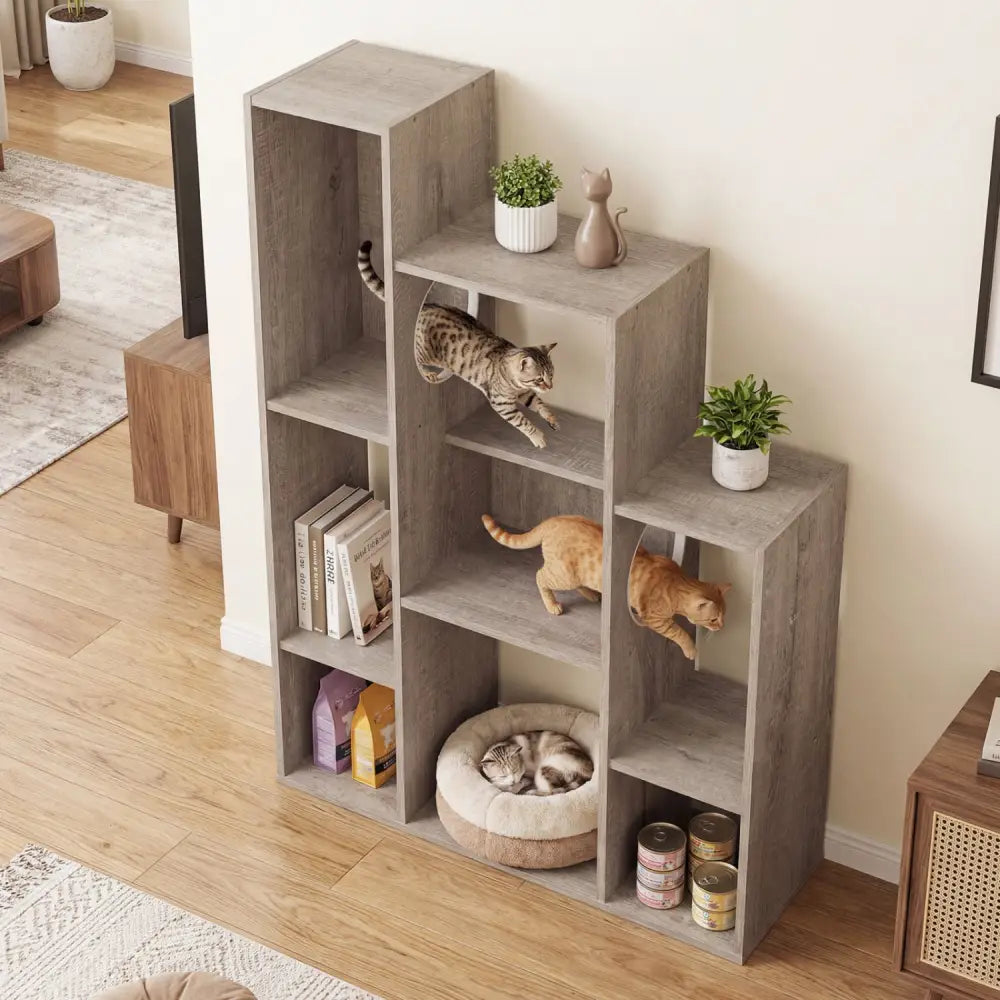 Modern Cat Bookshelf Cat Tree 8-Section Storage Cabinet with 2 Round Holes-Gray Oak - Gray - Cat Trees Condos &