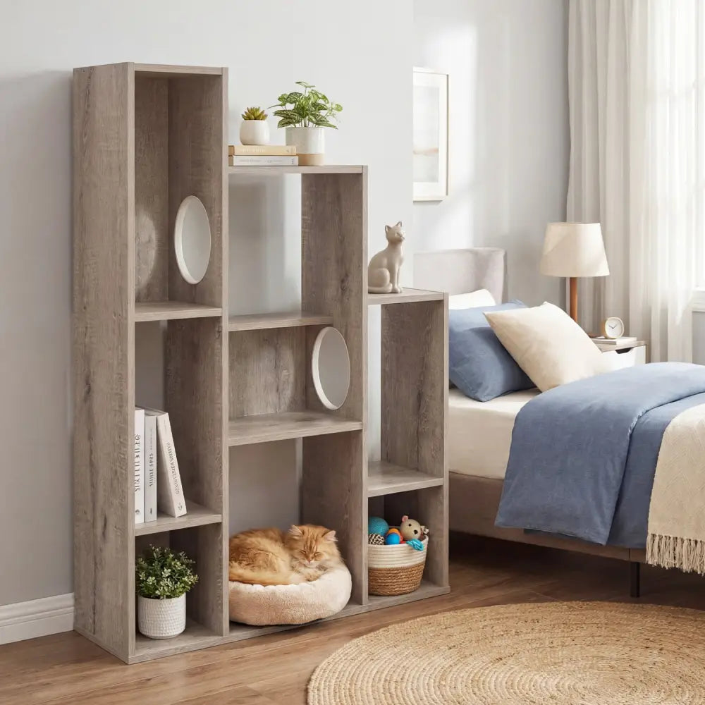 Modern Cat Bookshelf Cat Tree 8-Section Storage Cabinet with 2 Round Holes-Gray Oak - Gray - Cat Trees Condos &