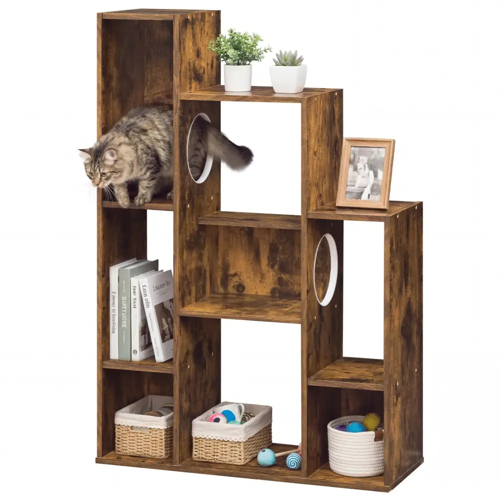 Modern Cat Bookshelf Cat Tree 8-Section Storage Cabinet with 2 Round Holes-Rustic Brown - Rustic Brown - Cat Trees