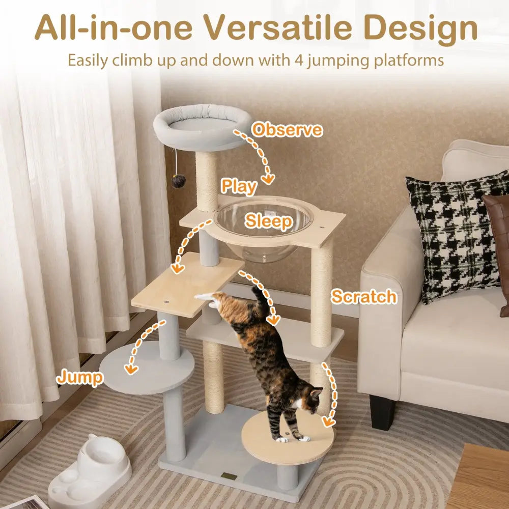 Modern Cat Tree 44 Inch Multi-level Cat Tower with Removable Padded Top Perch-Natural - Natural - Cat Trees Condos &