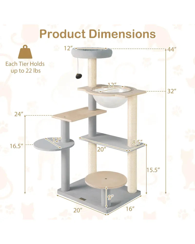 Modern Cat Tree 44 Inch Multi-level Cat Tower with Removable Padded Top Perch-Natural - Natural - Cat Trees Condos &
