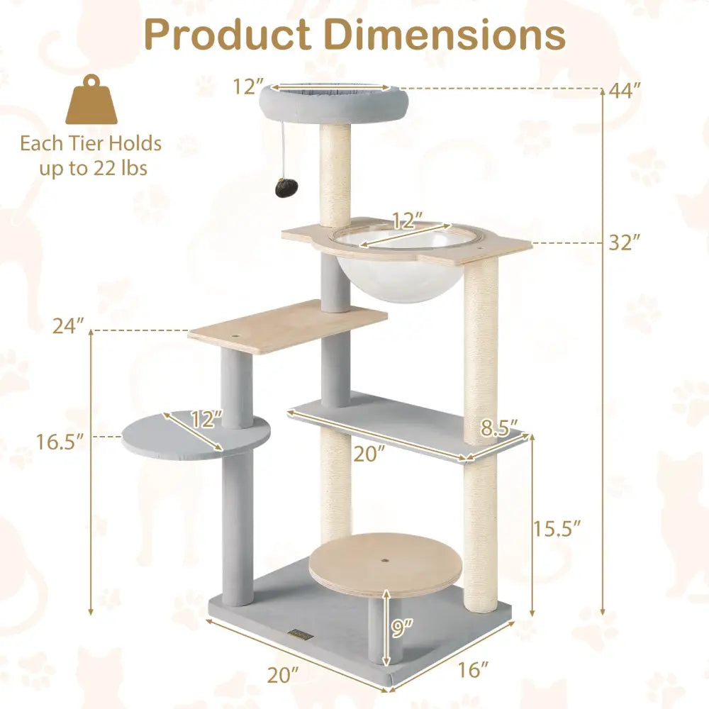 Modern Cat Tree 44 Inch Multi-level Cat Tower with Removable Padded Top Perch-Natural - Natural - Cat Trees Condos &