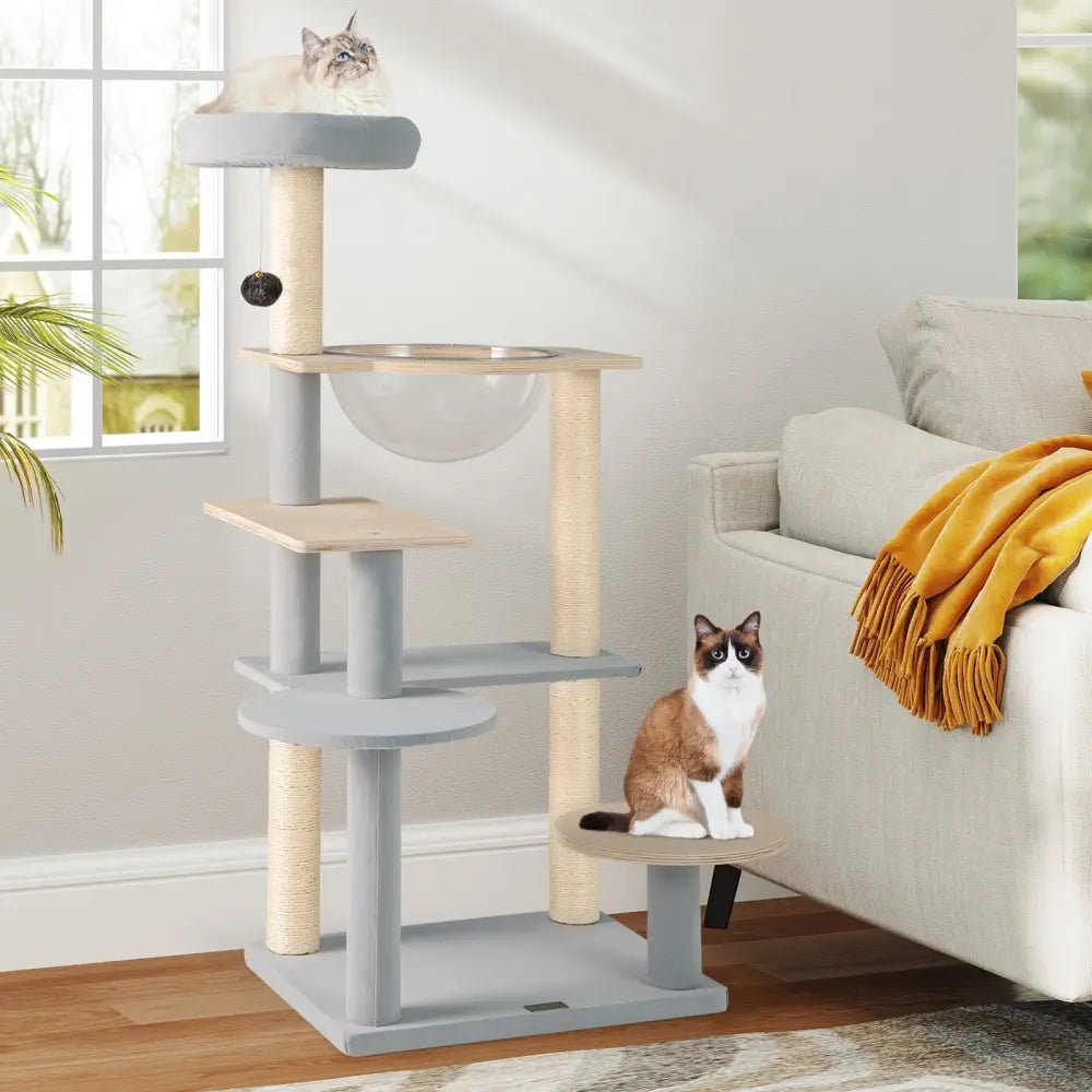 Modern Cat Tree 44 Inch Multi-level Cat Tower with Removable Padded Top Perch-Natural - Natural - Cat Trees Condos &