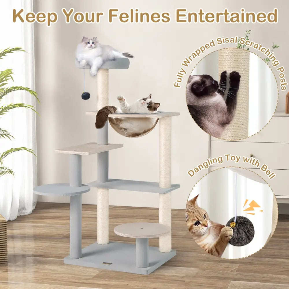 Modern Cat Tree 44 Inch Multi-level Cat Tower with Removable Padded Top Perch-Natural - Natural - Cat Trees Condos &