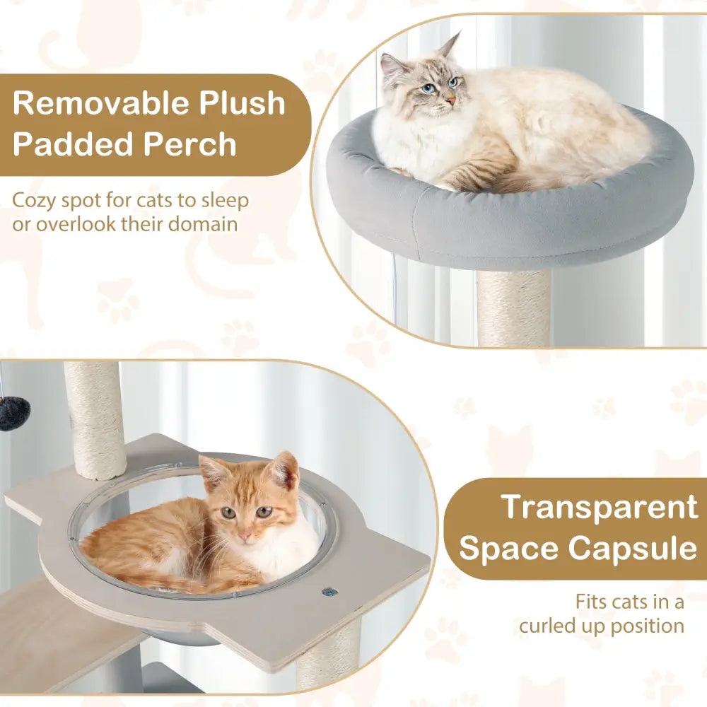 Modern Cat Tree 44 Inch Multi-level Cat Tower with Removable Padded Top Perch-Natural - Natural - Cat Trees Condos &