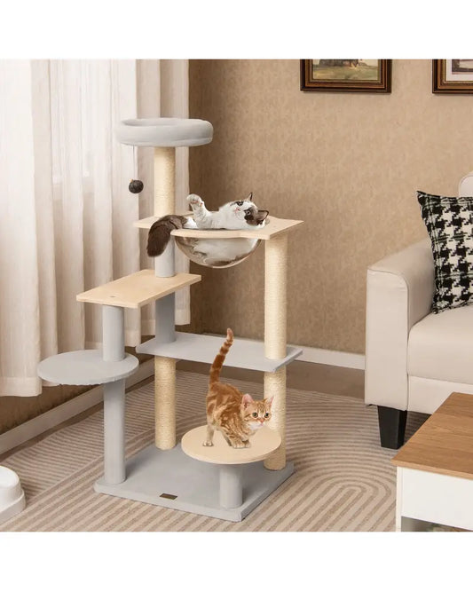 Modern Cat Tree 44 Inch Multi-level Cat Tower with Removable Padded Top Perch-Natural - Natural - Cat Trees Condos &