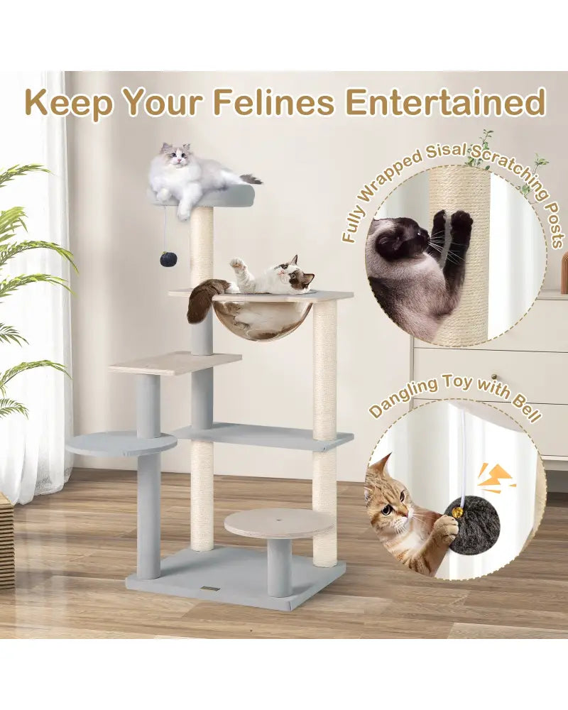 Modern Cat Tree 44 Inch Multi-level Cat Tower with Removable Padded Top Perch-Natural - Natural - Cat Trees Condos &