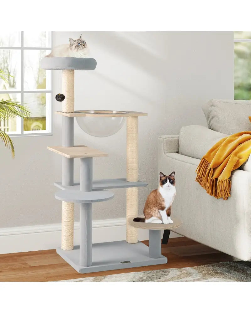 Modern Cat Tree 44 Inch Multi-level Cat Tower with Removable Padded Top Perch-Natural - Natural - Cat Trees Condos &