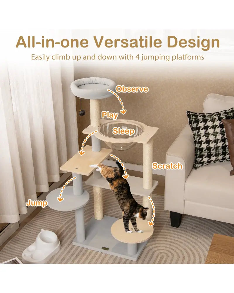 Modern Cat Tree 44 Inch Multi-level Cat Tower with Removable Padded Top Perch-Natural - Natural - Cat Trees Condos &