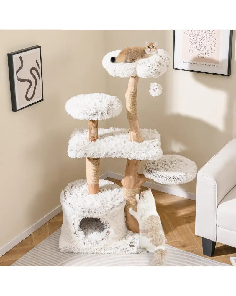Modern Cat Tree 53 Inch Tall Natural Branch Wooden Cat Tower with Jute Scratching Posts-White - White - Cat Trees
