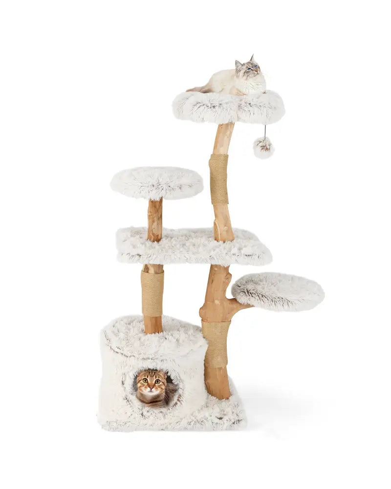 Modern Cat Tree 53 Inch Tall Natural Branch Wooden Cat Tower with Jute Scratching Posts-White - White - Cat Trees